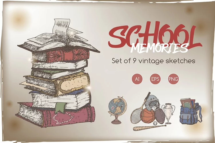 School memories vintage sketch set