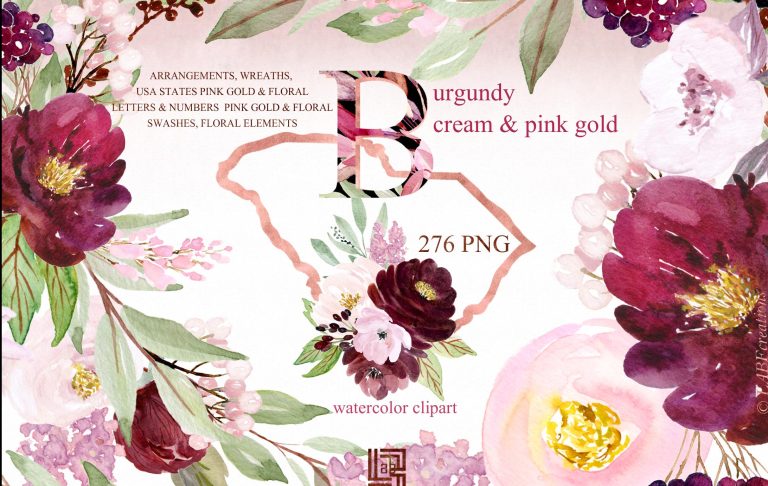 Burgundy cream & gold pink flowers