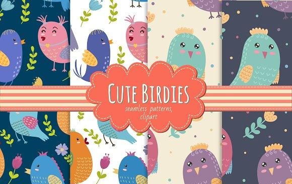 Cute Birdies: patterns&clipart Free Download